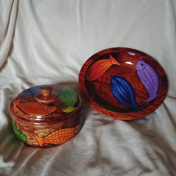 Beautiful Mexican hand painted wood set fish design